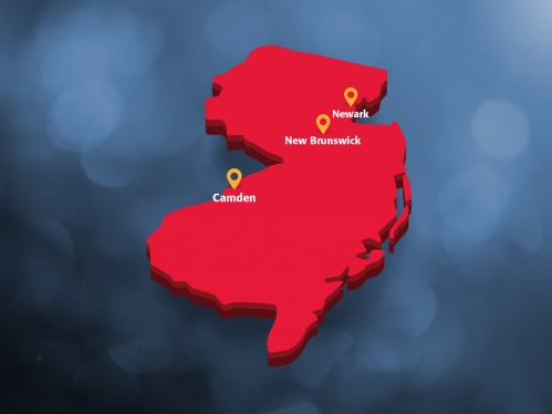 NJ map showing Camden, Newark, and New Brunswick Rutgers locations
