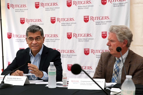 U.S. Health and Human Services Secretary Xavier Becerra and Rep. Frank Pallone, Jr. (NJ-06) discuss federal support for community health centers in response to the COVID-19 pandemic while at the Eric B. Chandler Health Center at Rutgers Robert Wood Johnson Medical School in New Brunswick.