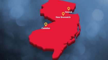 NJ map showing Camden, Newark, and New Brunswick Rutgers locations